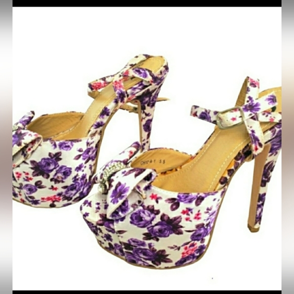 C R Collection Shoes - Stiletto Platforms, Sky High & Super Sexy, Ankle Straps, White & Purple